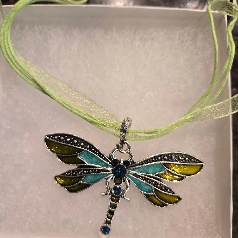 Dragonfly Pendant Necklace with Green Ribbon With Rhinestones